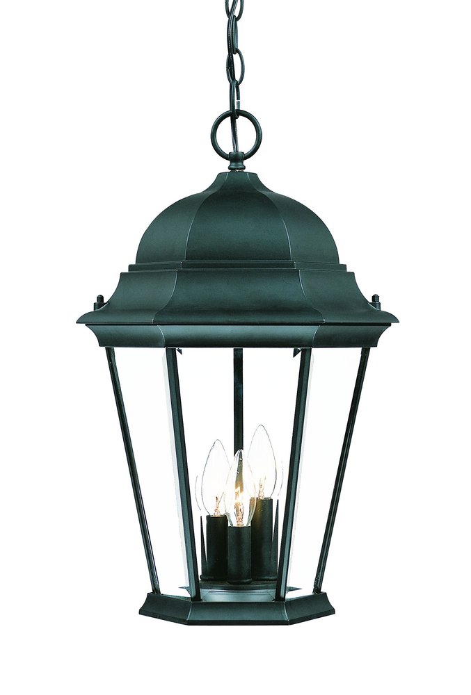A black, three-light hanging lantern with a domed top and clear glass panels, isolated on a white background.