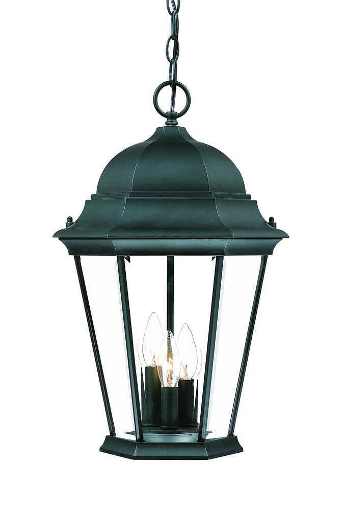 Three Light Matte Black Domed Glass Lantern Hanging Light on a white background