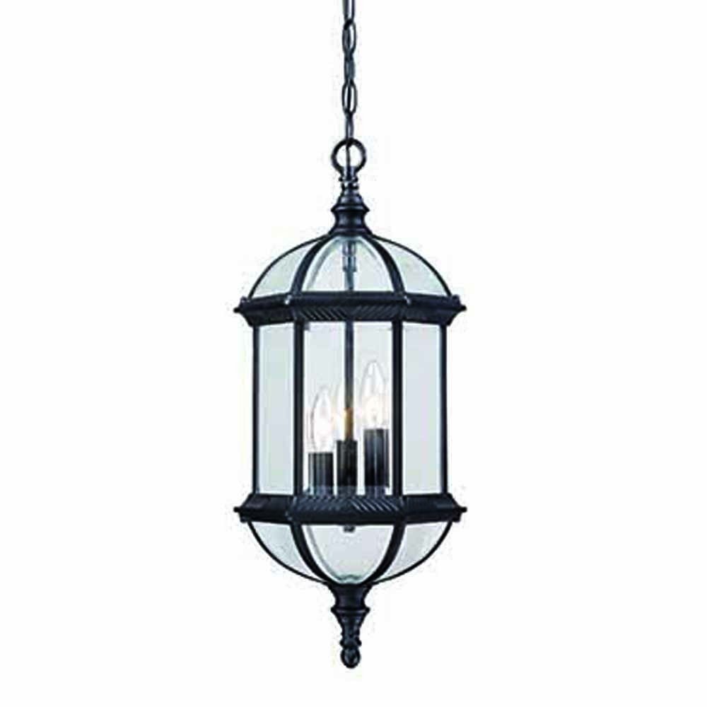 Matte black eastern lantern hanging light with clear glass panels and three bulbs, suspended by a chain against a white background.