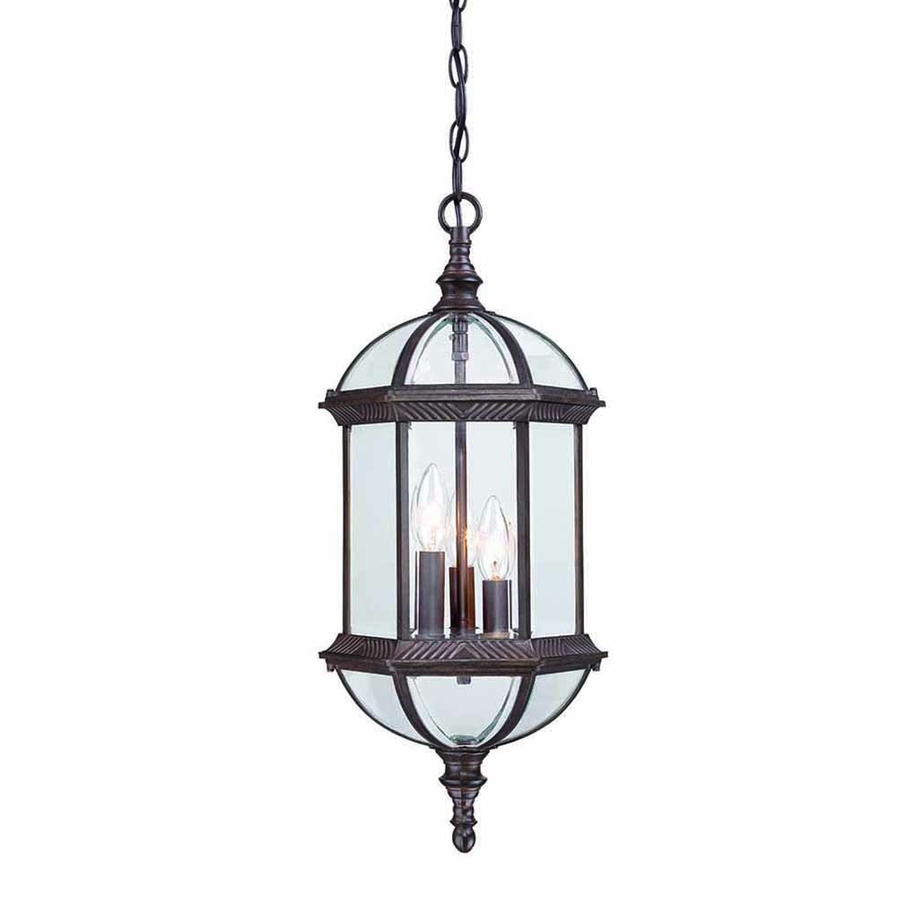 Dark brown hanging lantern with clear glass panels and three candelabra bulbs, on a white background.
