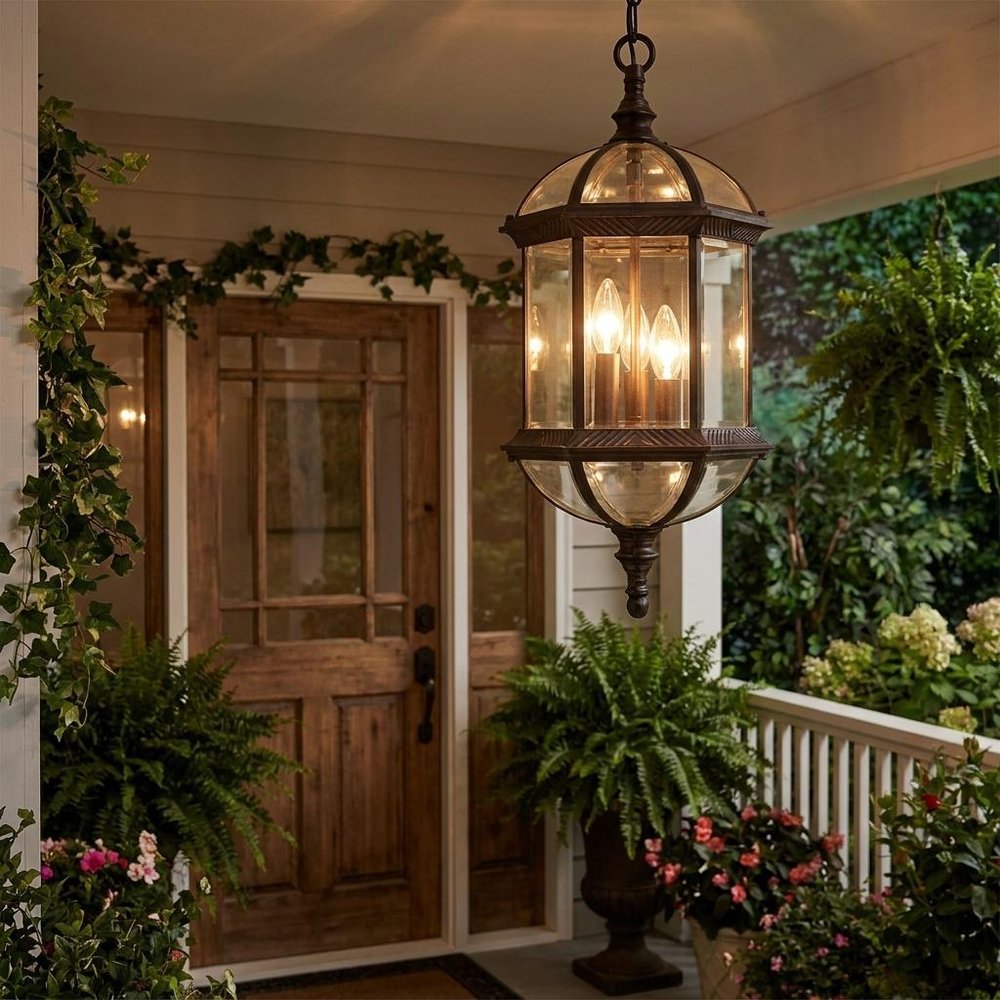 Three Light Dark Brown Eastern Lantern Hanging Light in a home interior