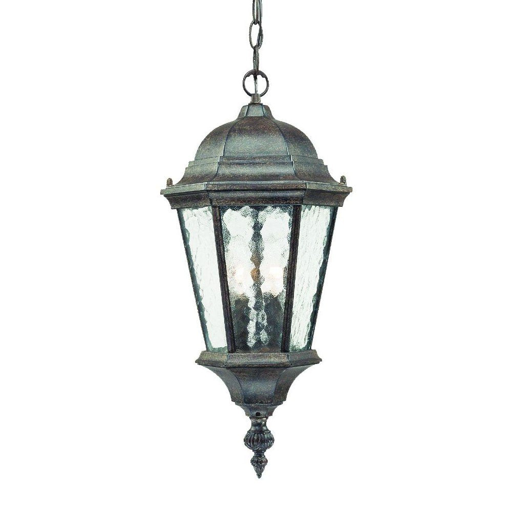 Antique black hanging lantern with textured glass panels and a decorative finial, isolated on a white background.