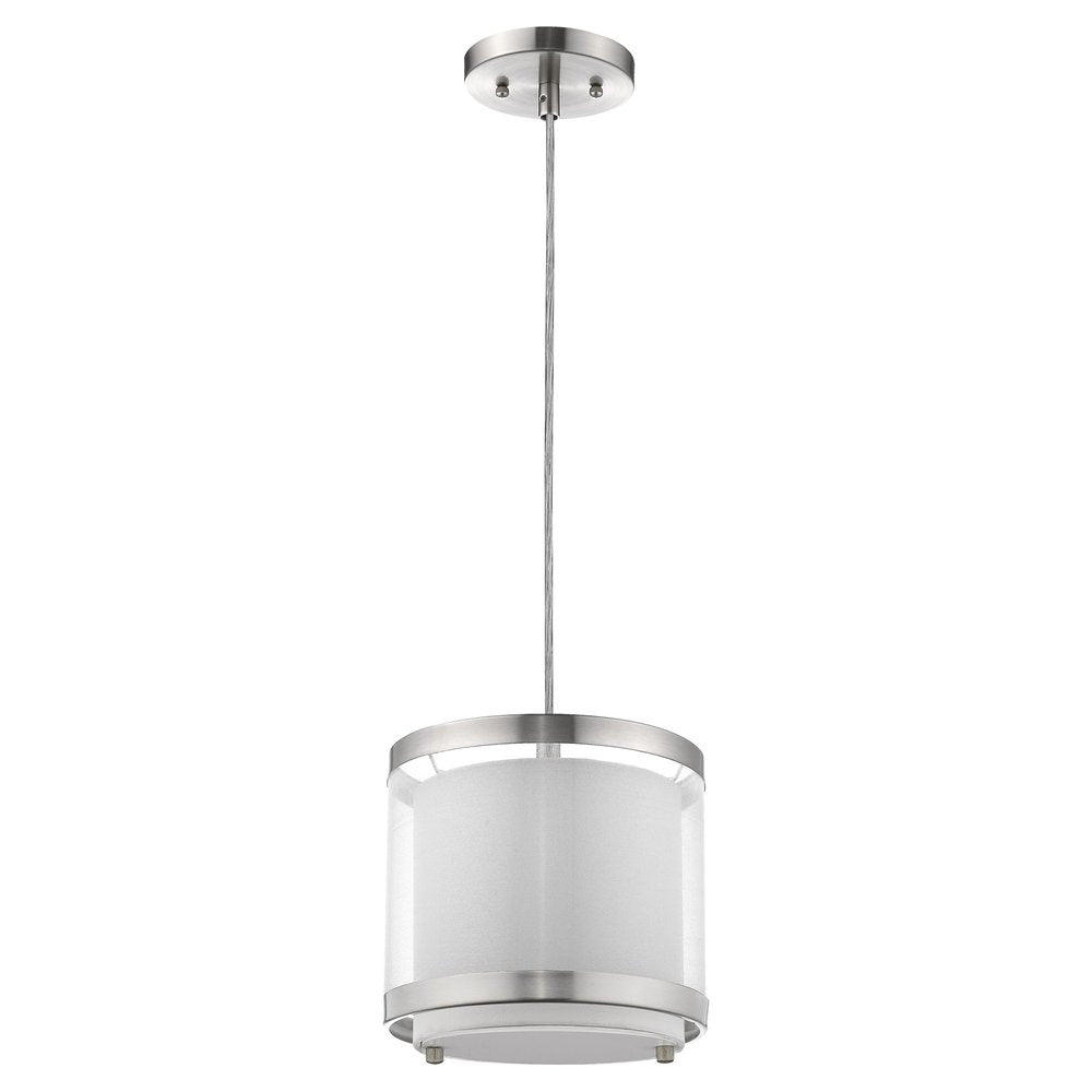 Brushed nickel pendant light with a clear glass shade and white fabric drum shade, hanging from a silver cord against a white background.