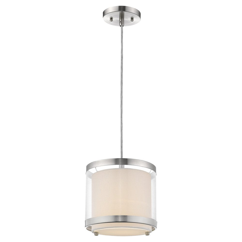 White and Silver Hanging Light with Fabric Shade on a white background