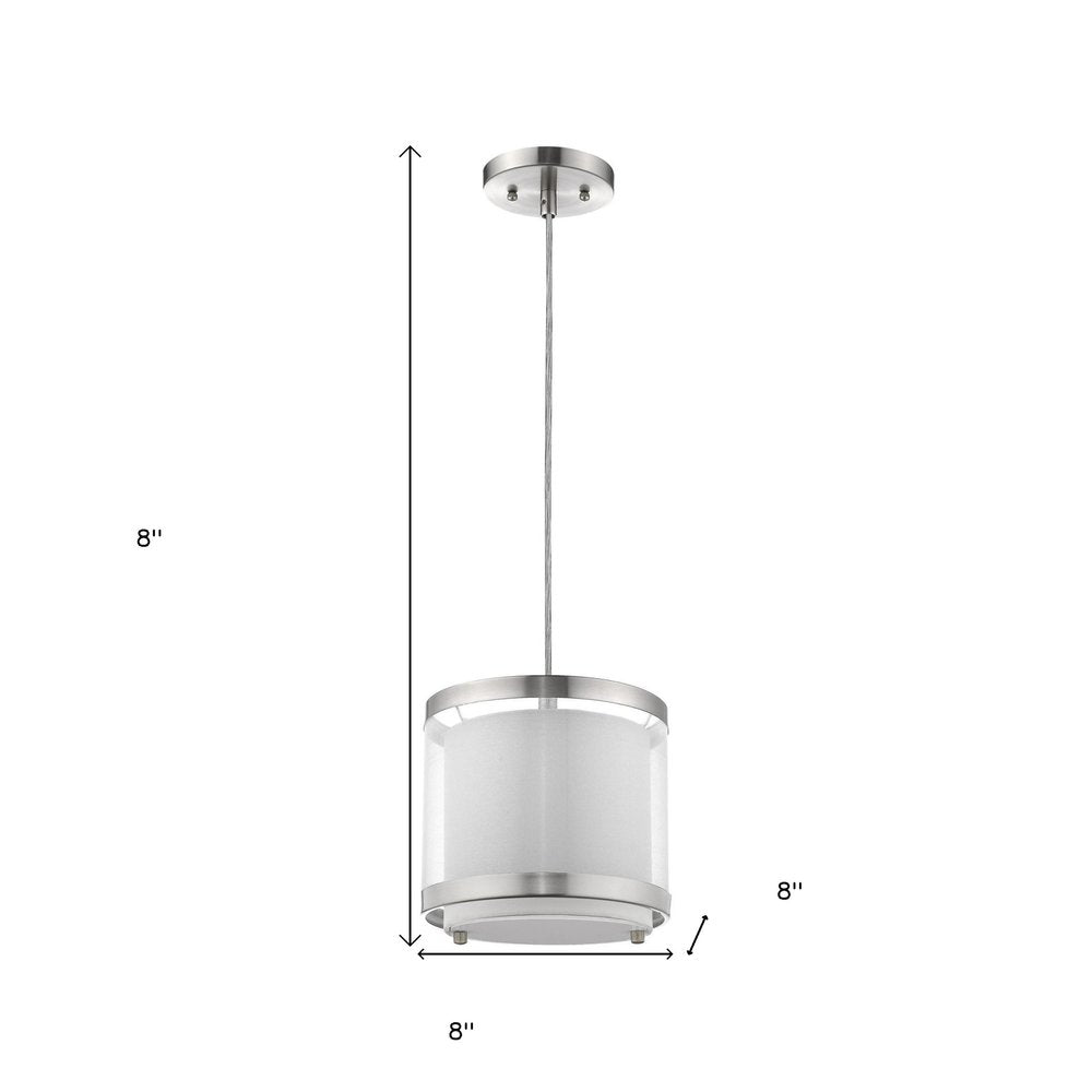 White and Silver Hanging Light with Fabric Shade on a white background
