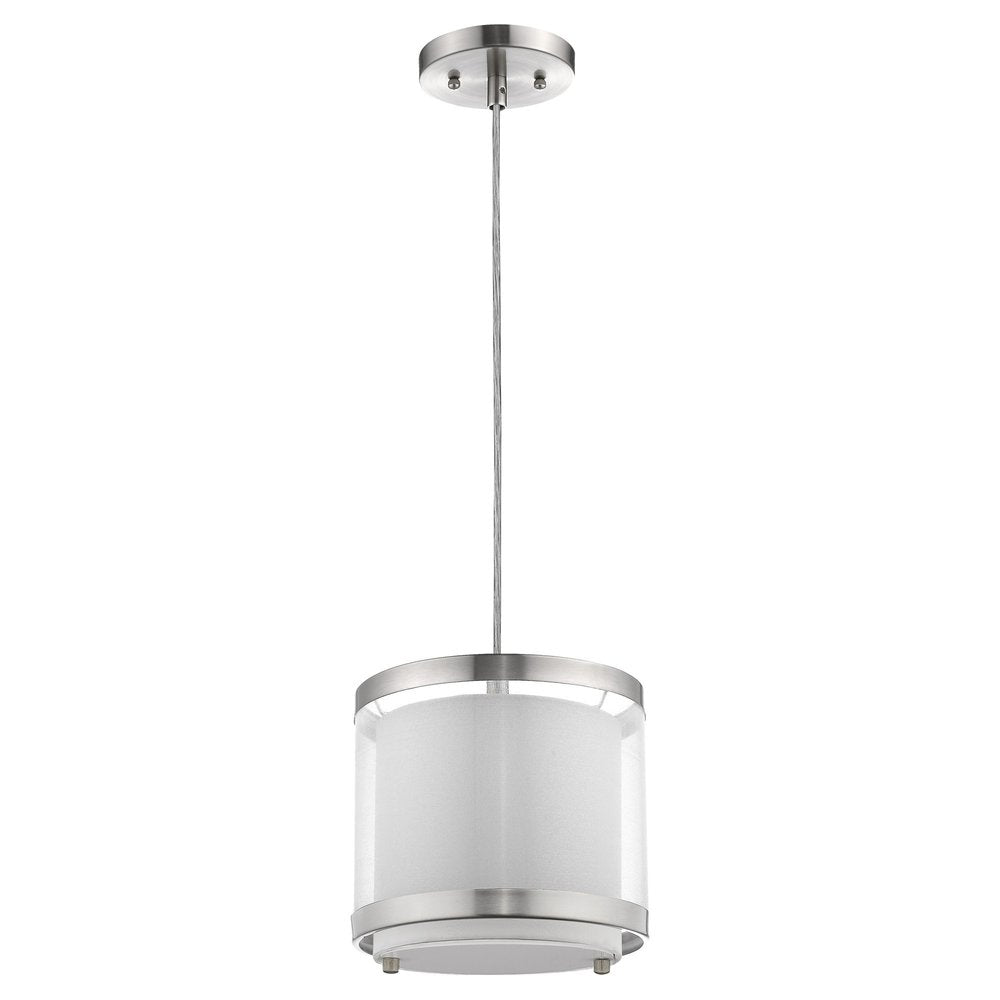 White and Silver Hanging Light with Fabric Shade on a white background