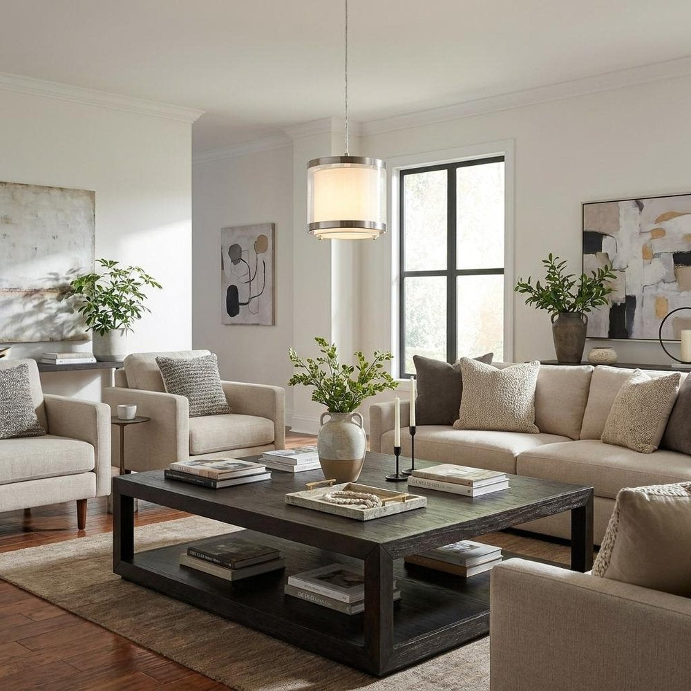 White and Silver Hanging Light with Fabric Shade