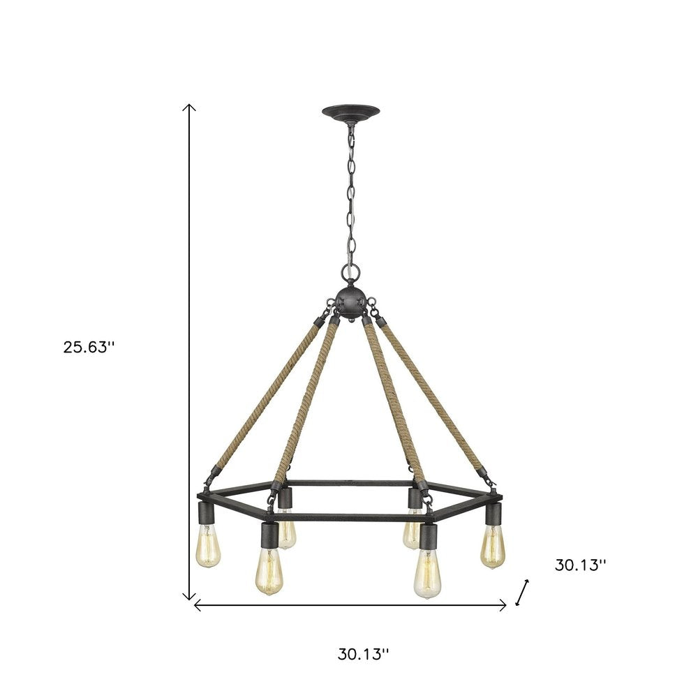 Brown and Black Six Light Metal Dimmable Chandelier on a white background
