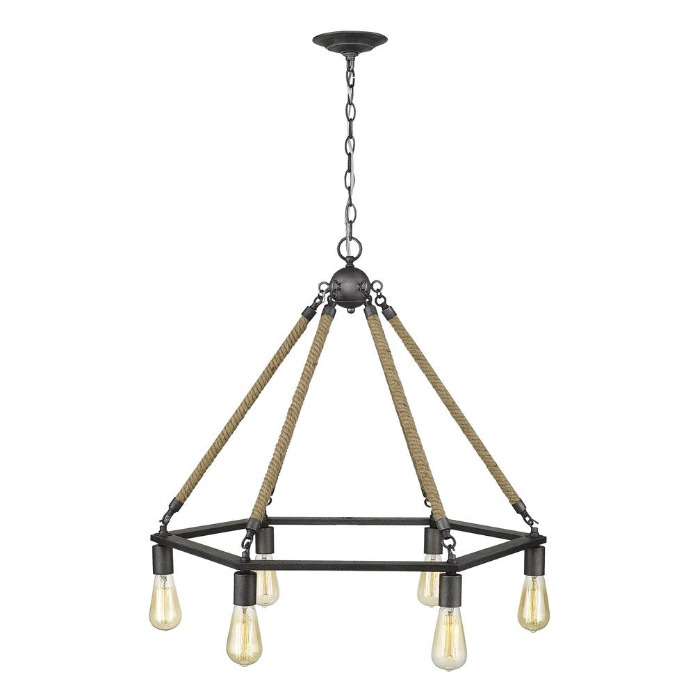 Brown and Black Six Light Metal Dimmable Chandelier on a white background