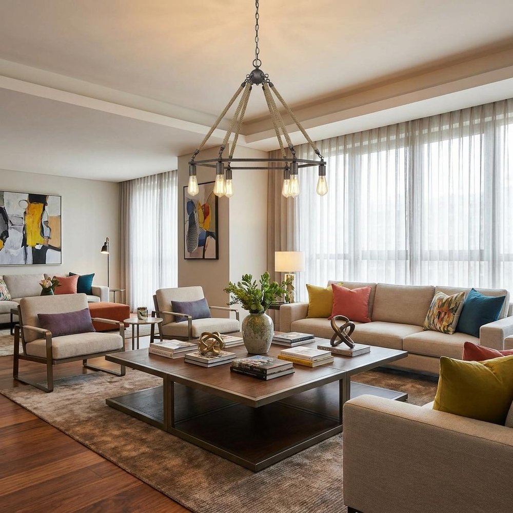 Brown and Black Six Light Metal Dimmable Chandelier in a home interior