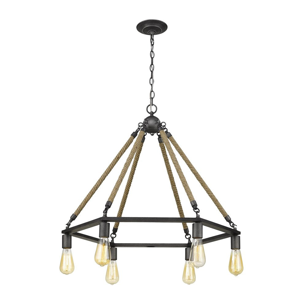 Brown and Black Six Light Metal Dimmable Chandelier on a white background