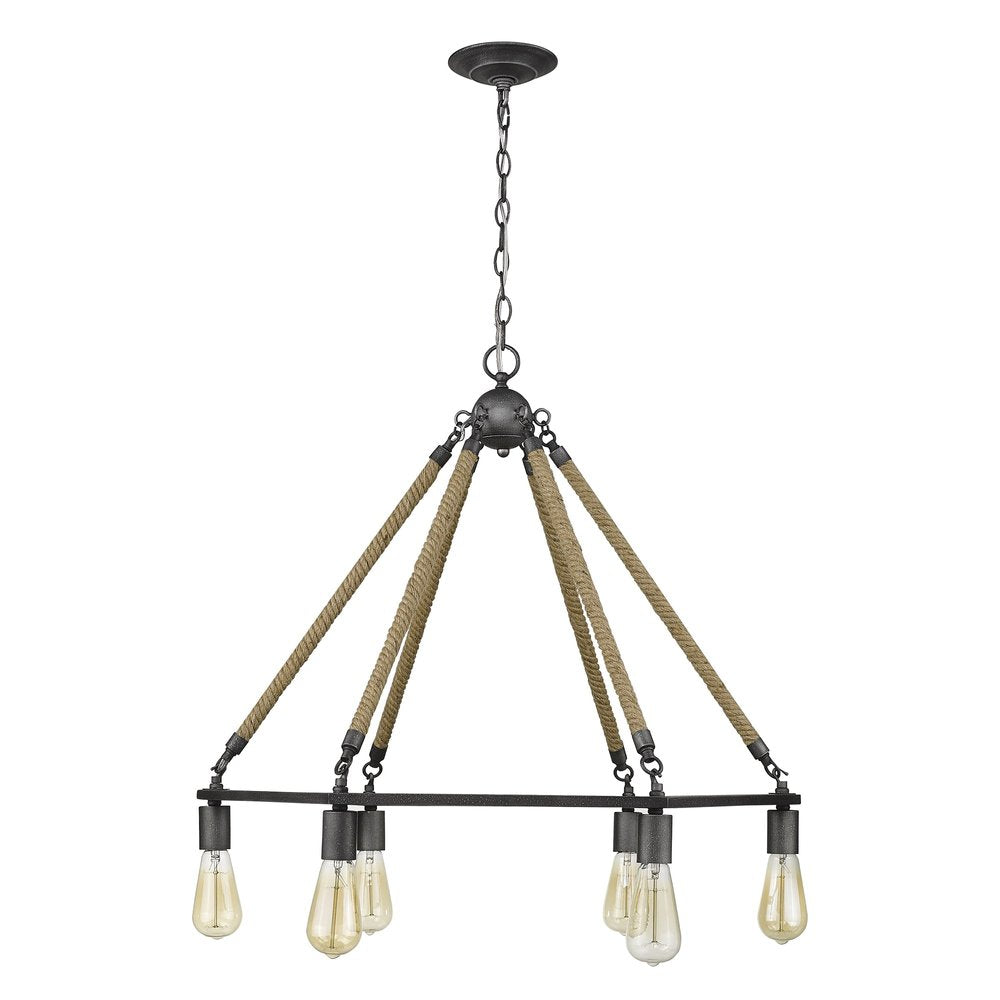 Brown and Black Six Light Metal Dimmable Chandelier on a white background