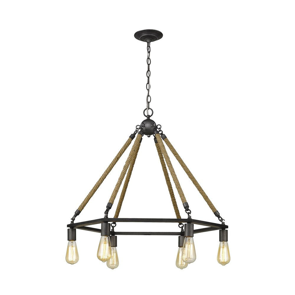 Brown and Black Six Light Metal Dimmable Chandelier on a white background
