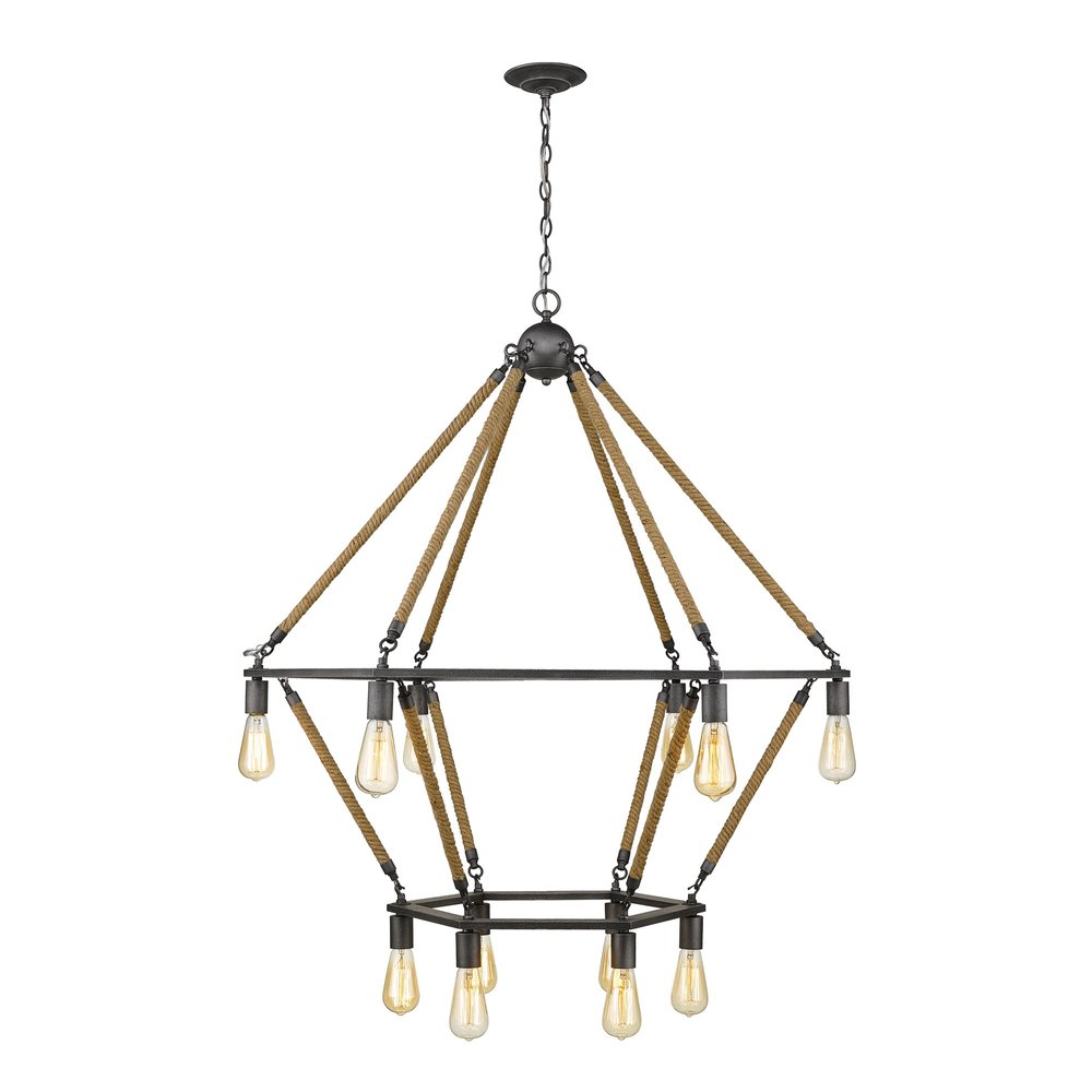 Brown and Black Twelve Light Metal Dimmable Chandelier on a white background
