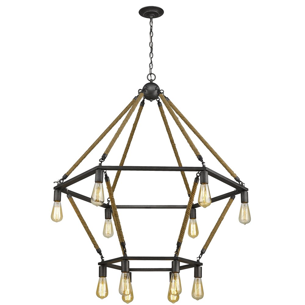 Brown and Black Twelve Light Metal Dimmable Chandelier on a white background
