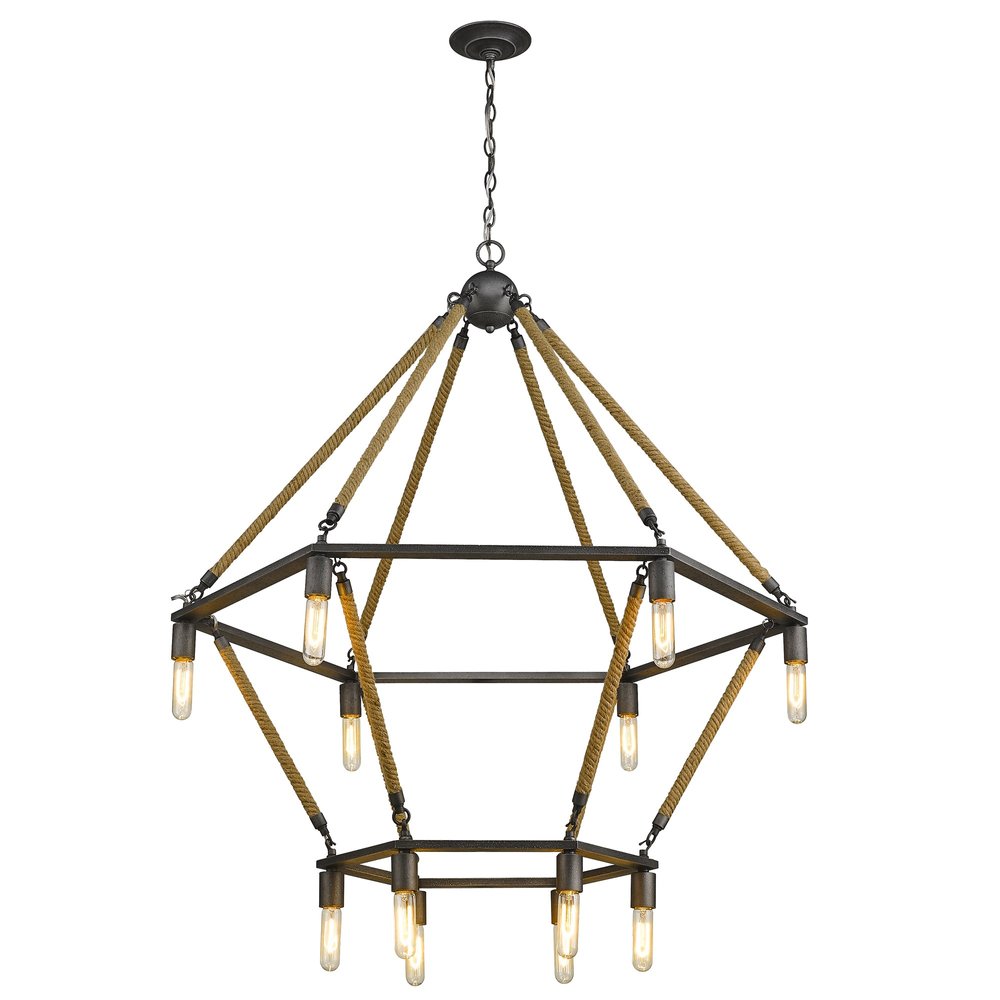 Brown and Black Twelve Light Metal Dimmable Chandelier on a white background
