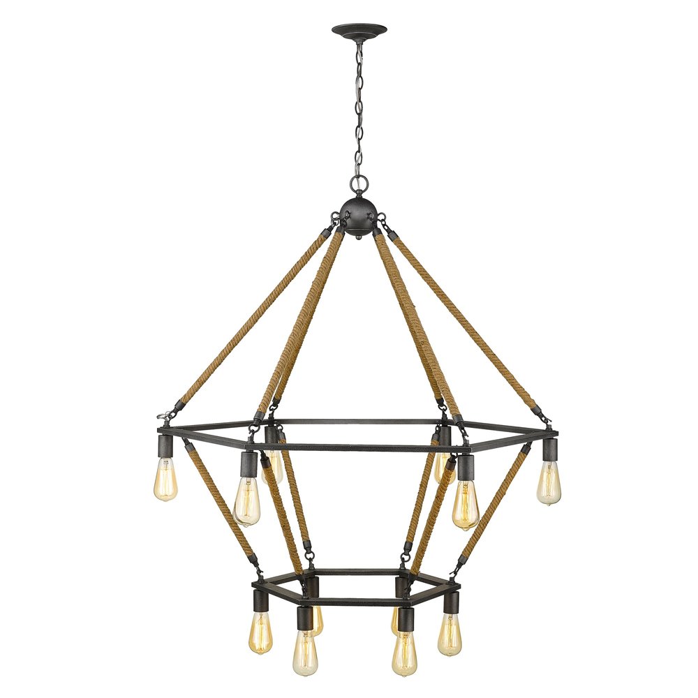 Brown and Black Twelve Light Metal Dimmable Chandelier on a white background