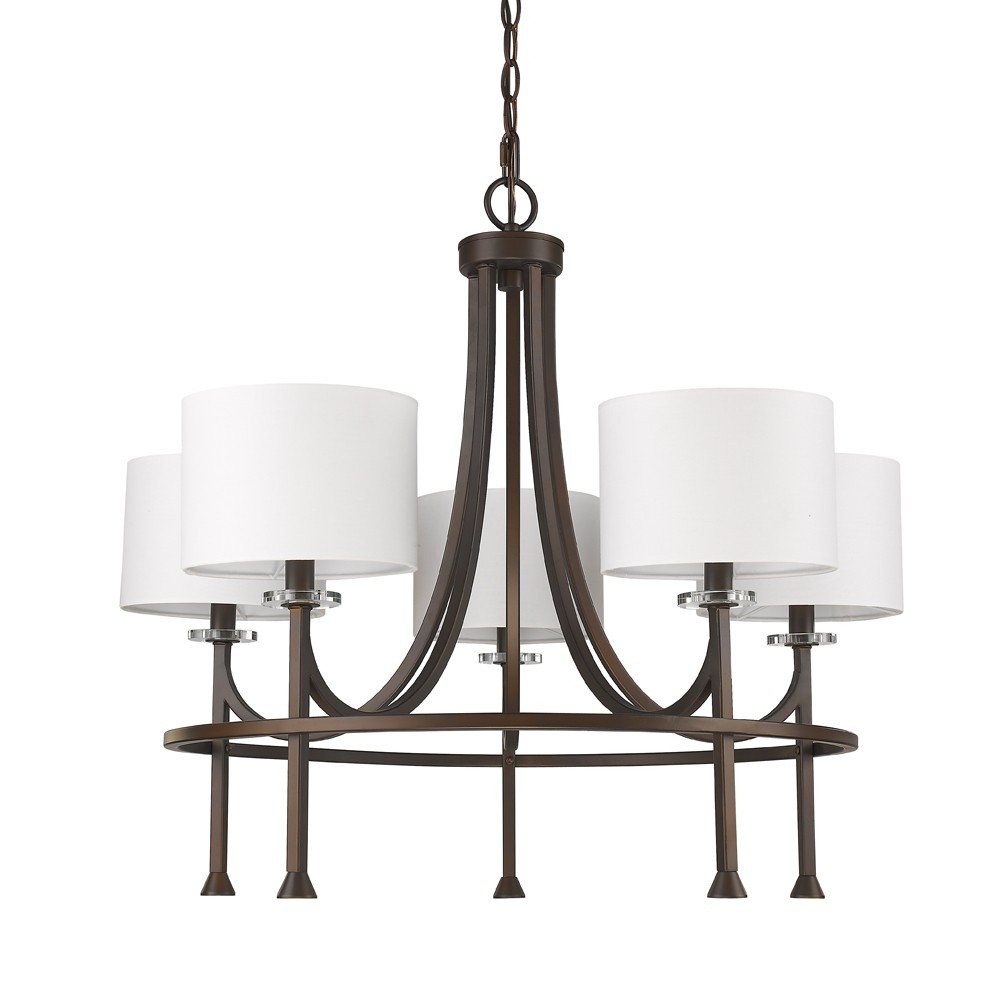 Brown Candle Style Five Light Metal and Crystals Dimmable Chandelier With White Shades on a white background