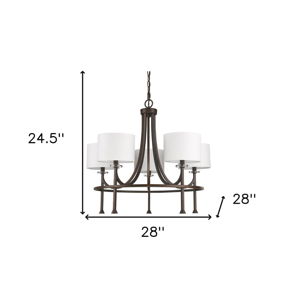 Brown Candle Style Five Light Metal and Crystals Dimmable Chandelier With White Shades on a white background