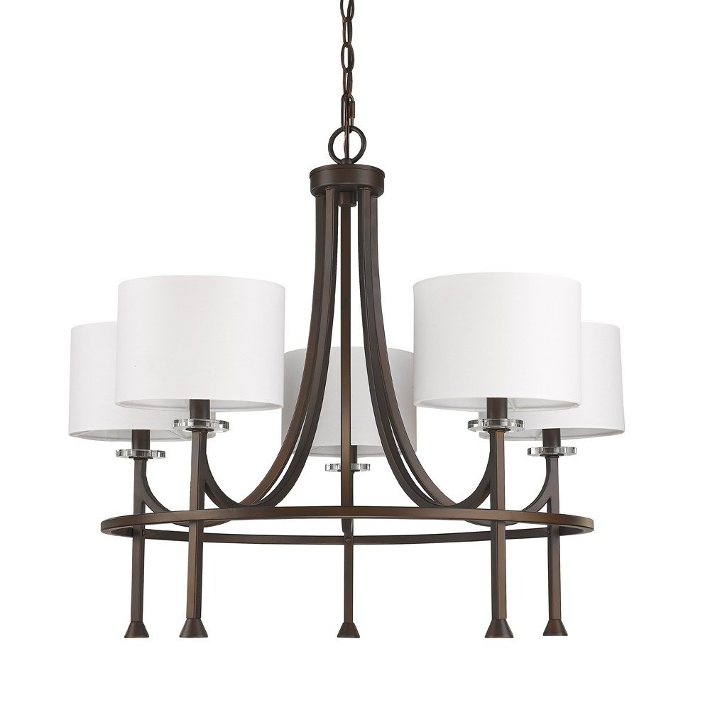 Brown Candle Style Five Light Metal and Crystals Dimmable Chandelier With White Shades on a white background