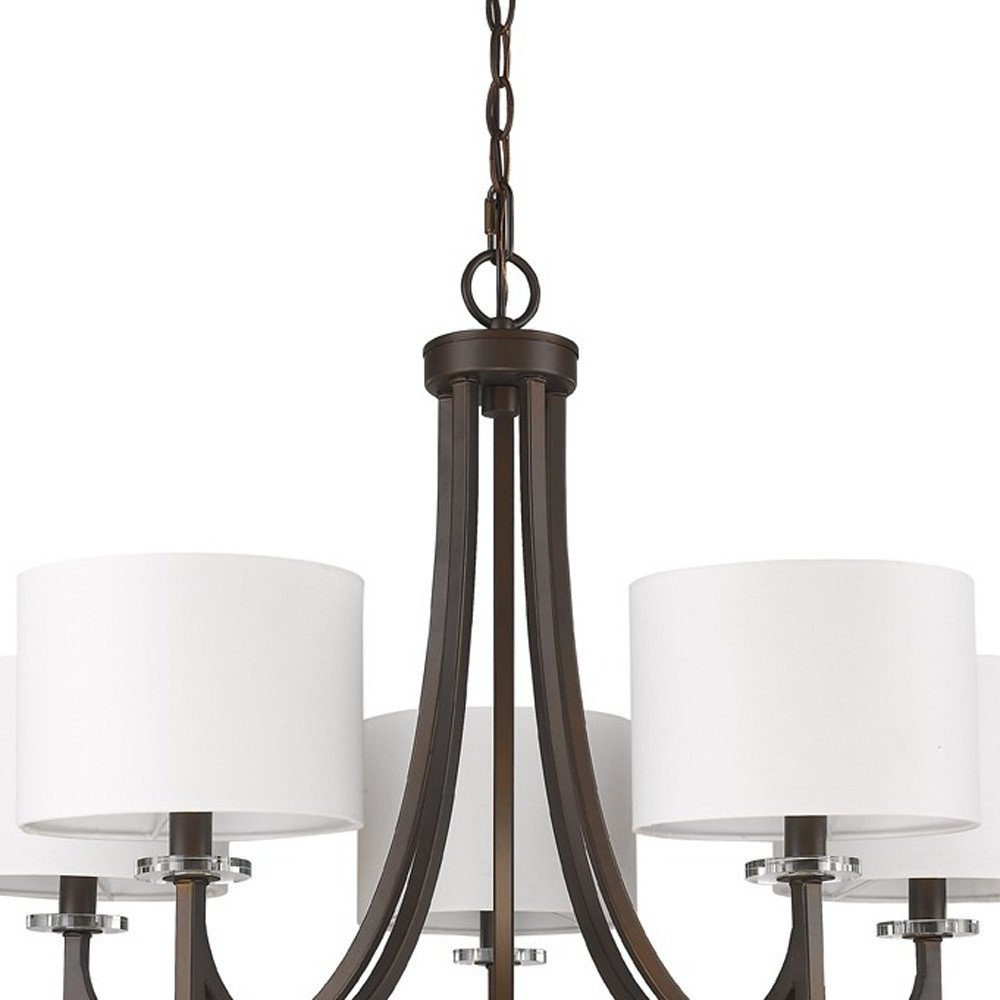 Brown Candle Style Five Light Metal and Crystals Dimmable Chandelier With White Shades on a white background