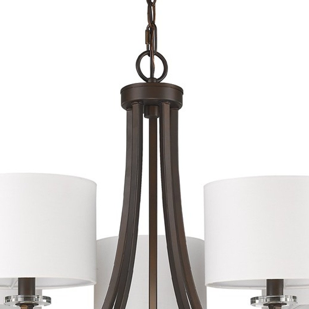 Brown Candle Style Five Light Metal and Crystals Dimmable Chandelier With White Shades on a white background