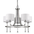 Silver Candle Style Five Light Metal and Crystals Dimmable Chandelier With White Shades