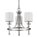 Silver Candle Style Three Light Metal Dimmable Chandelier With White Shades on a white background