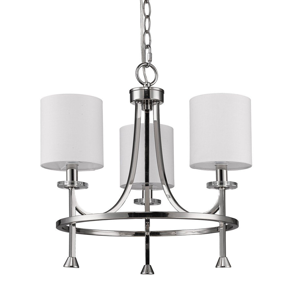Silver metal three-light chandelier with white drum shades, suspended by a chain against a white background.