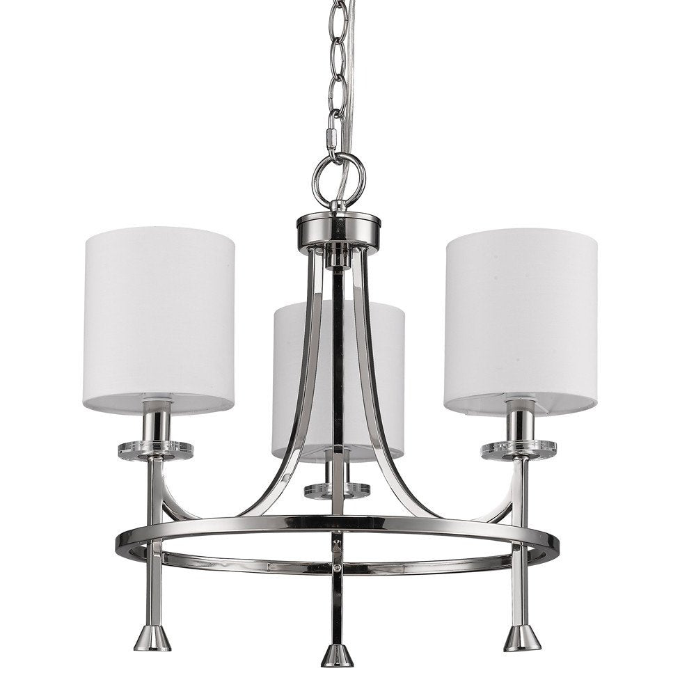 Silver Candle Style Three Light Metal Dimmable Chandelier With White Shades on a white background