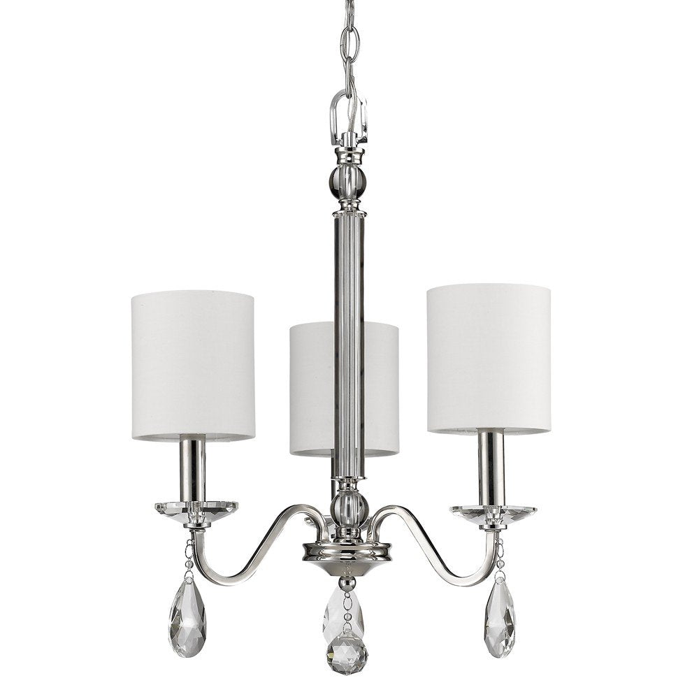 Silver Candle Style Three Light Metal and Crystals Dimmable Chandelier With White Shades on a white background