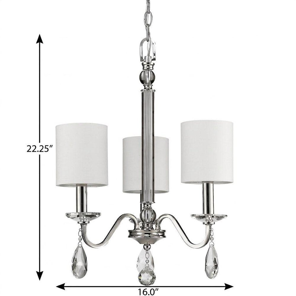 Silver Candle Style Three Light Metal and Crystals Dimmable Chandelier With White Shades