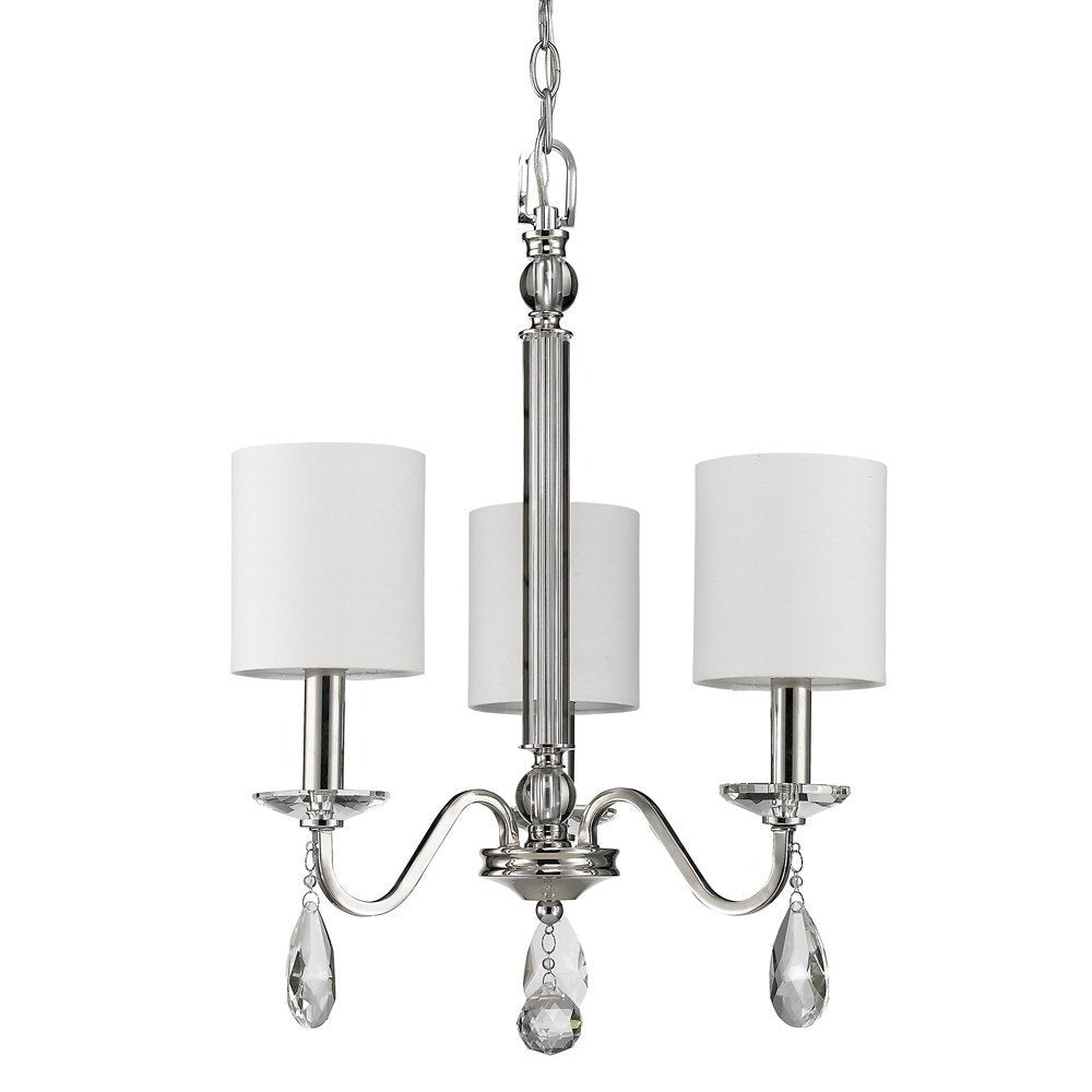 Silver Candle Style Three Light Metal and Crystals Dimmable Chandelier With White Shades on a white background