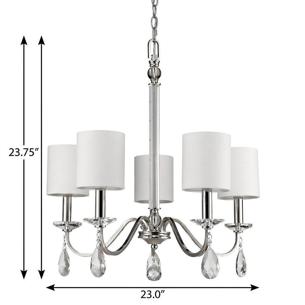 Silver Candle Style Five Light Metal and Crystals Dimmable Chandelier With White Shades