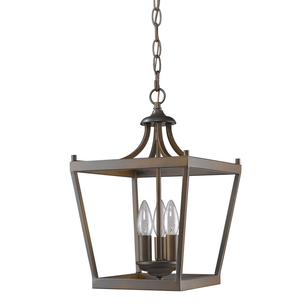 A vintage brown metal tapered hanging light with three clear bulbs against a white background.