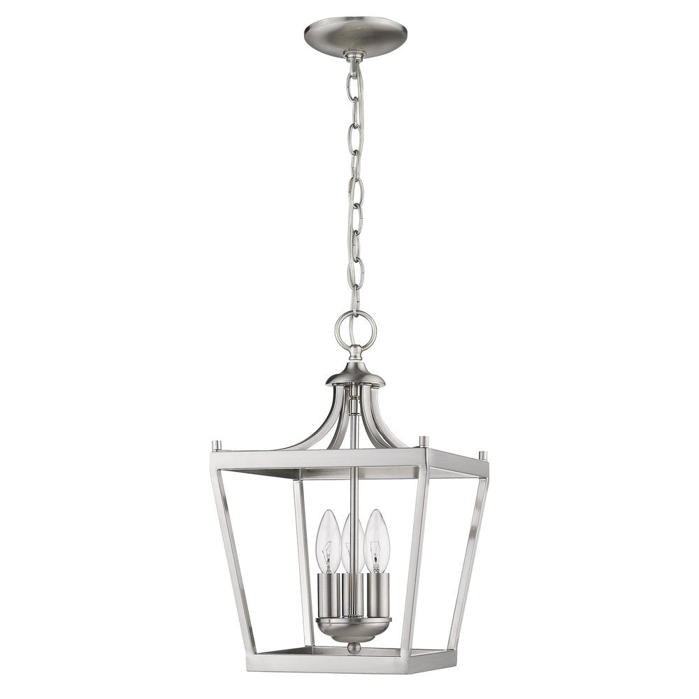 A silver metal tapered hanging light fixture with three bulbs against a white background.