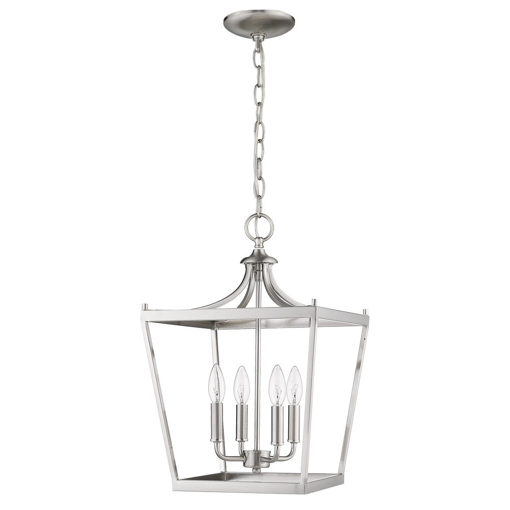 Silver metal four-light dimmable ceiling light with a chain and a white background.