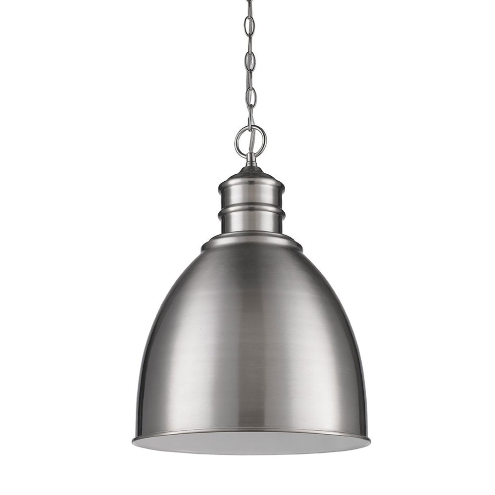 Brushed nickel dome pendant light with gray shade hanging from a chain against a white background.