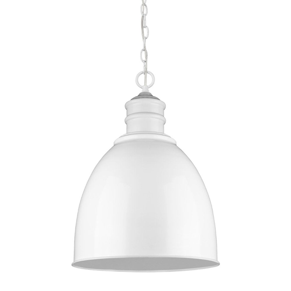 White metal pendant ceiling light with a white dome shade, hanging from a white chain against a white background.