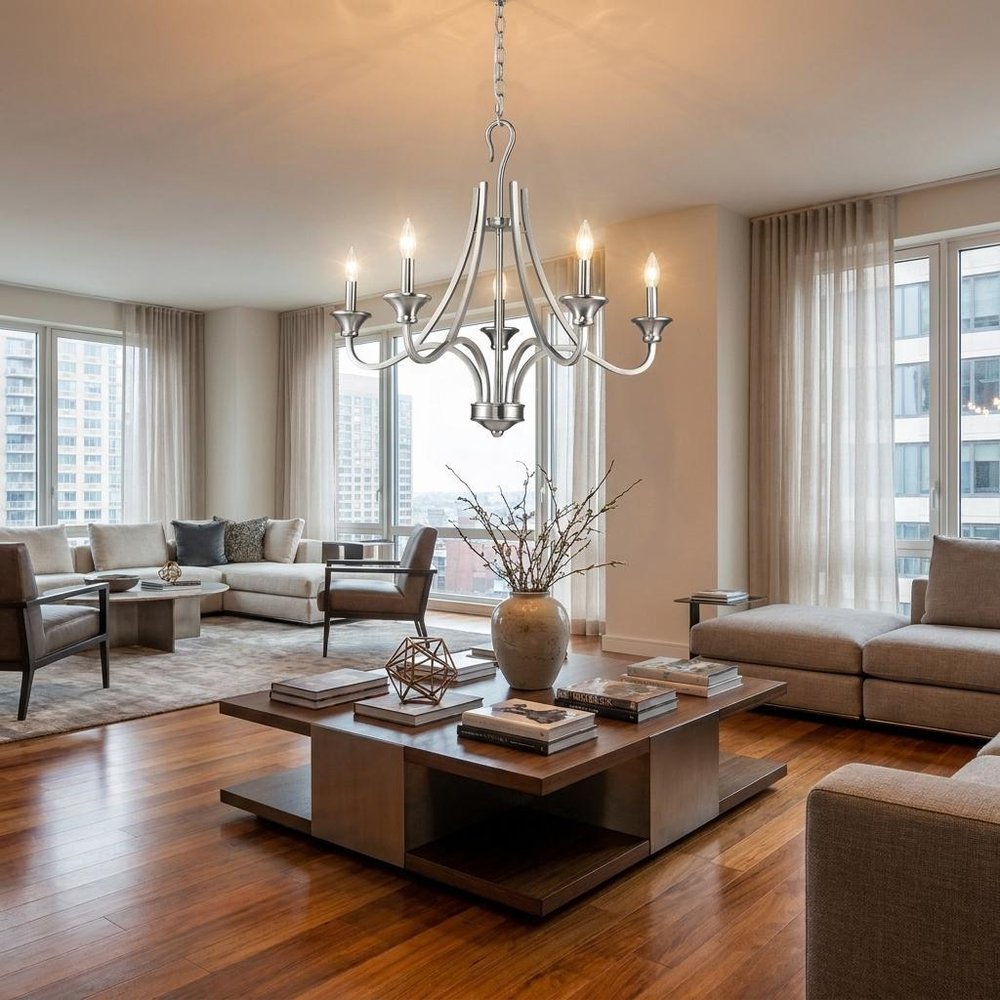 Silver Candle Style Five Light Metal Dimmable Chandelier