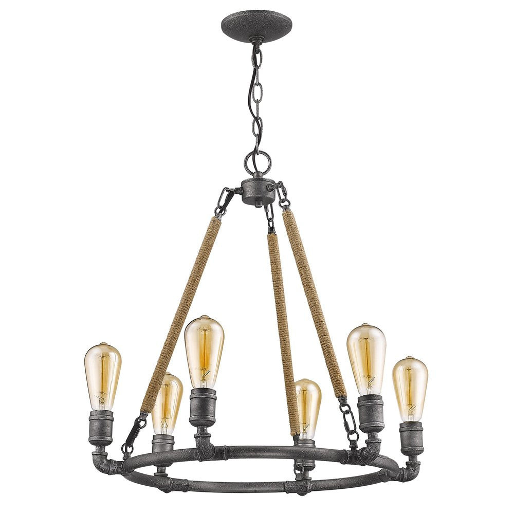 Brown and Black Candle Style Six Light Metal Dimmable Chandelier on a white background