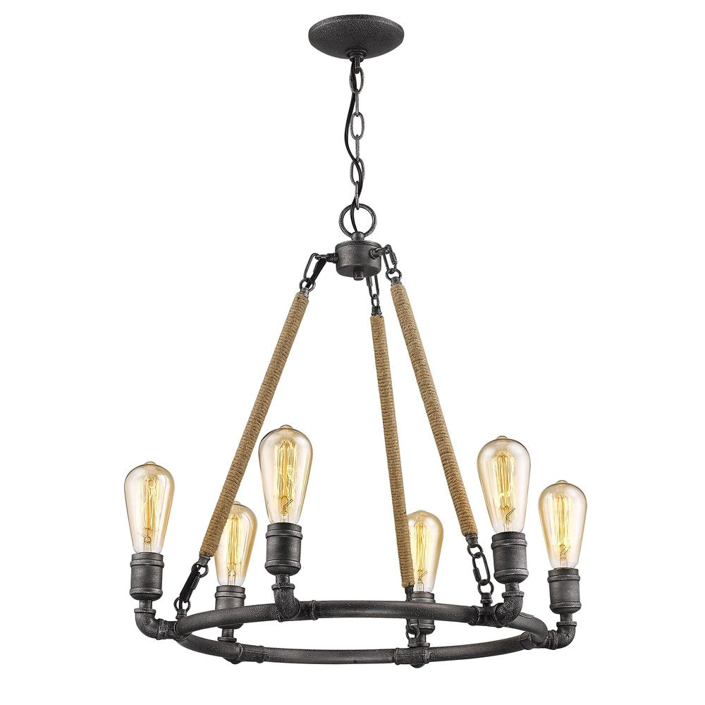 Brown and Black Candle Style Six Light Metal Dimmable Chandelier on a white background