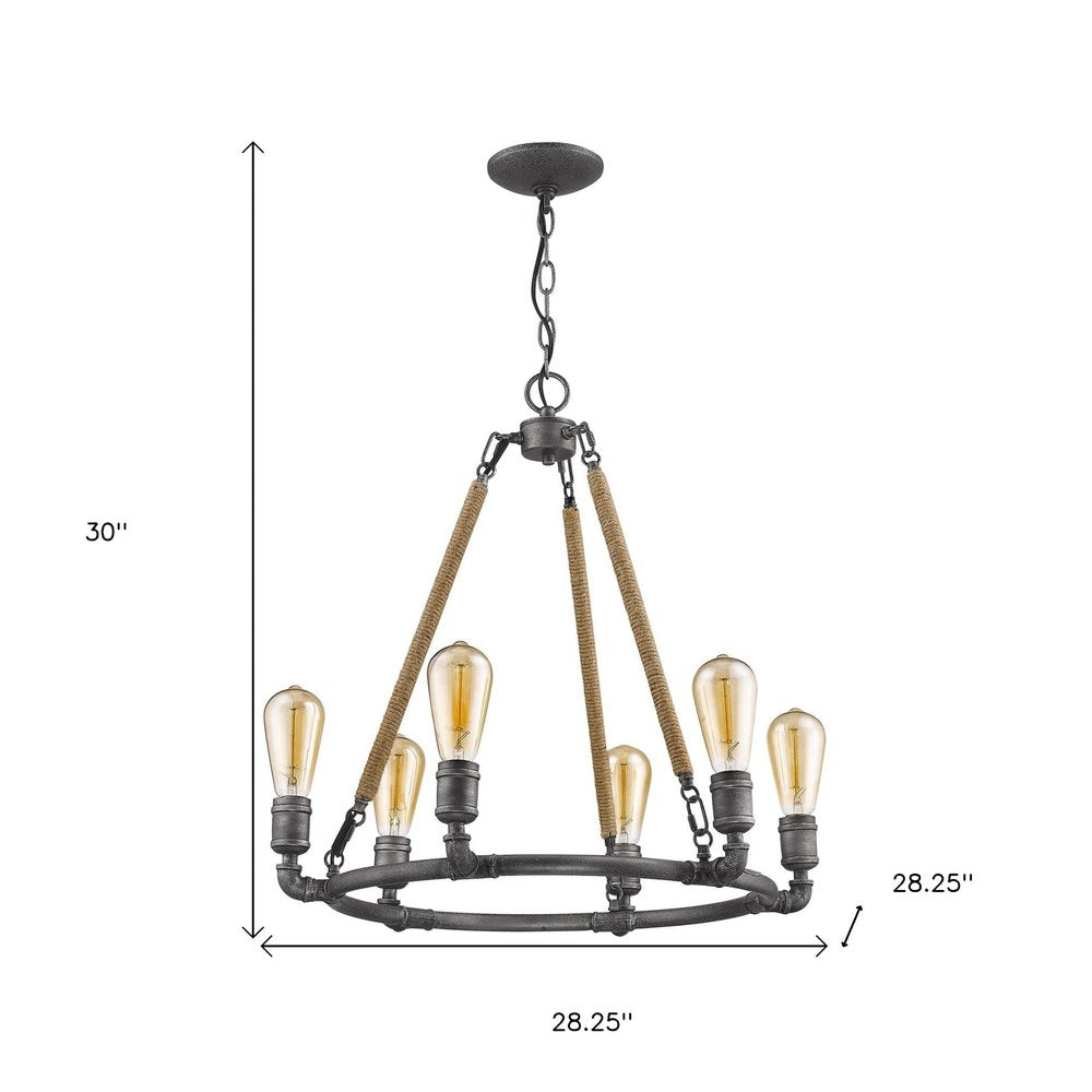 Brown and Black Candle Style Six Light Metal Dimmable Chandelier on a white background