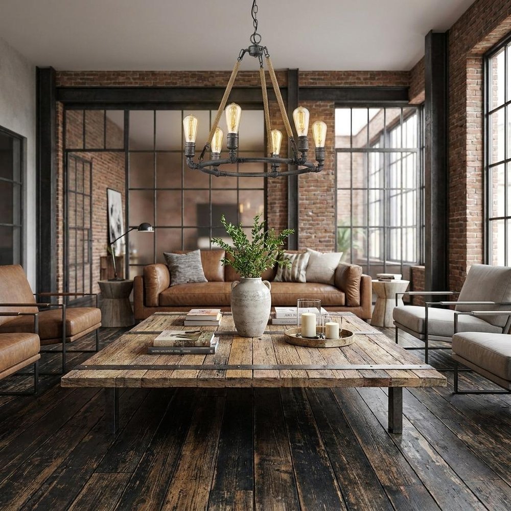 Brown and Black Candle Style Six Light Metal Dimmable Chandelier in a home interior
