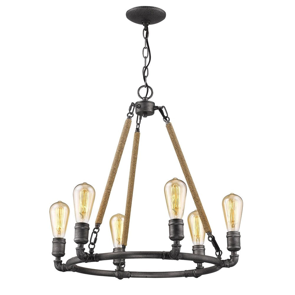Brown and Black Candle Style Six Light Metal Dimmable Chandelier on a white background