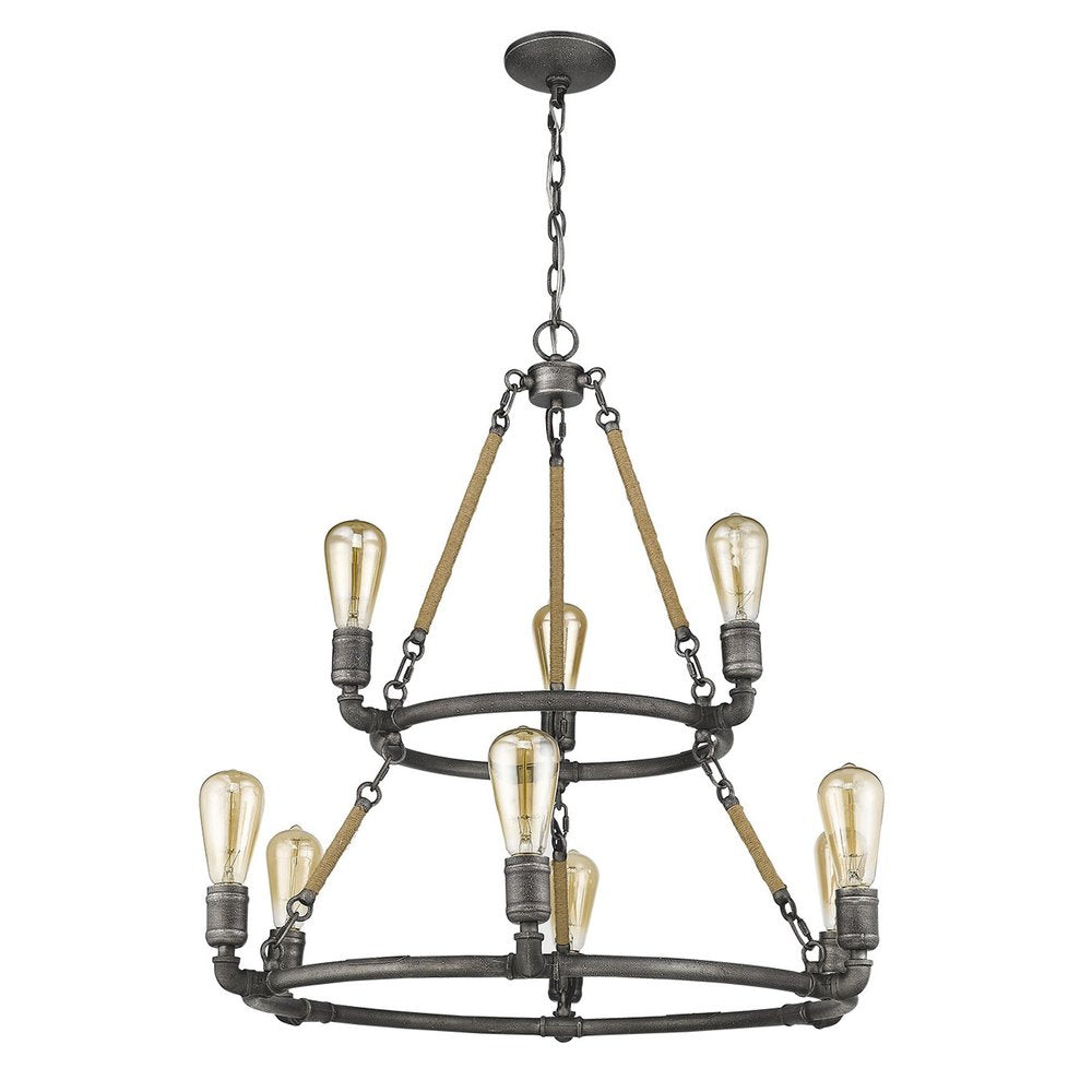 Brown and Black Nine Light Metal Dimmable Chandelier on a white background