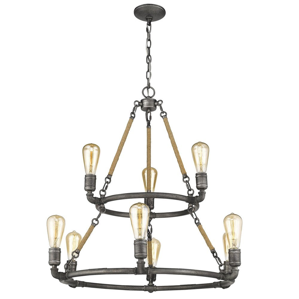 Brown and Black Nine Light Metal Dimmable Chandelier on a white background