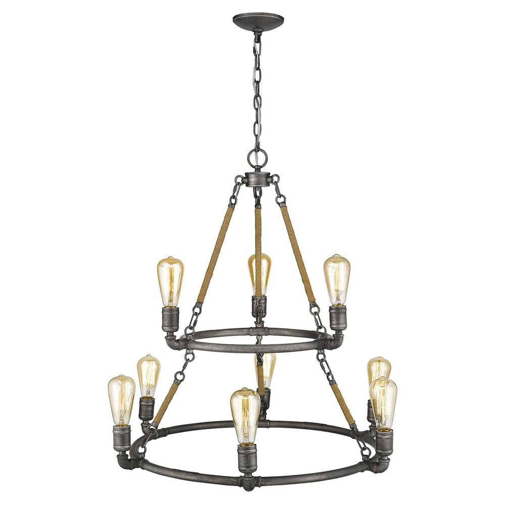 Brown and Black Nine Light Metal Dimmable Chandelier on a white background