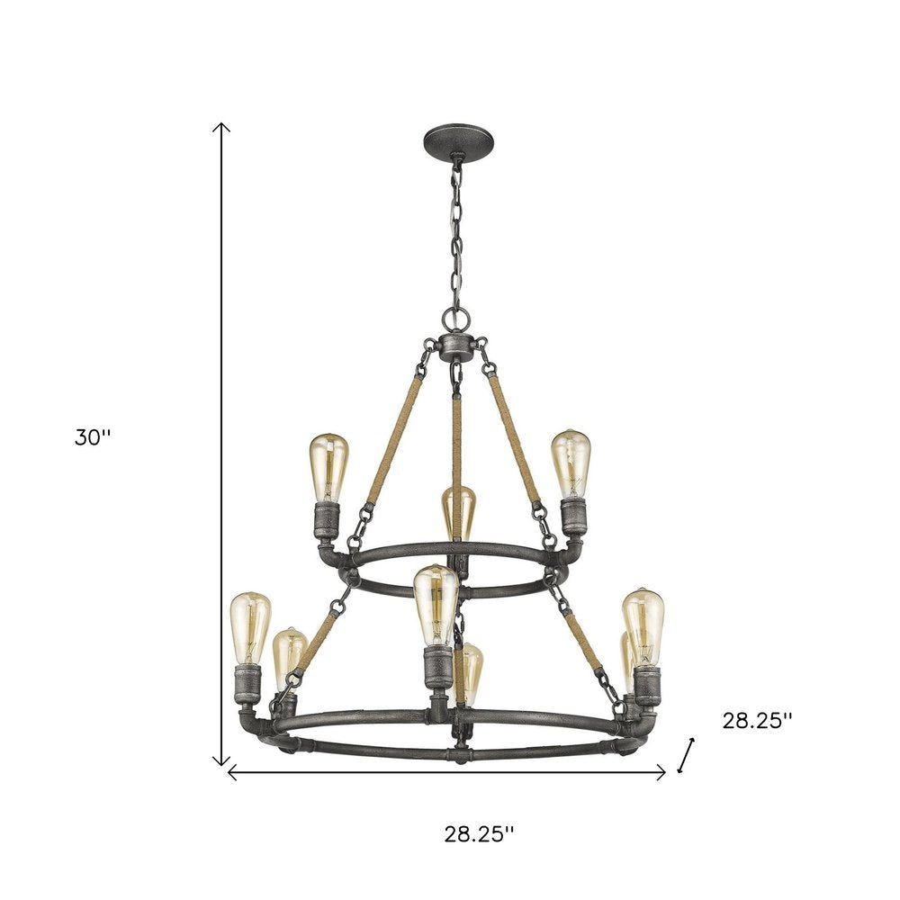 Brown and Black Nine Light Metal Dimmable Chandelier on a white background