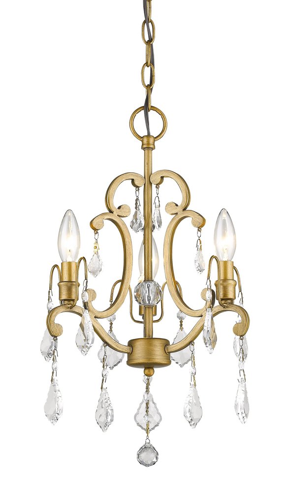 Gold Candle Style Three Light Crystal Metal Dimmable Chandelier on a white background
